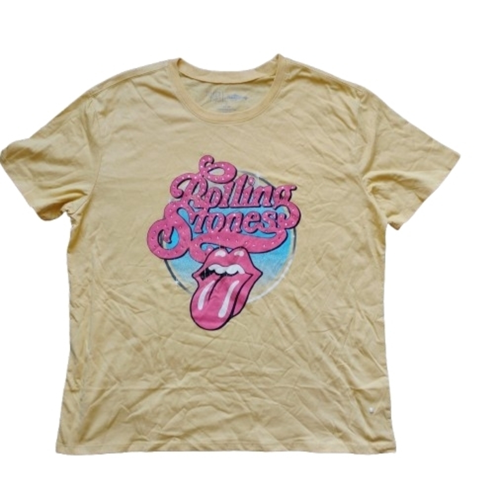 NEW Rolling Stones Rhinestone Logo Tee Women’s XL Yellow 🎸 Licensed Band Shirt